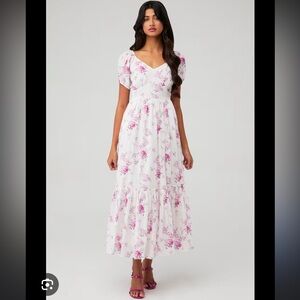LoveShackFancy Angie White Maxi Dress with Pink Floral Print 0